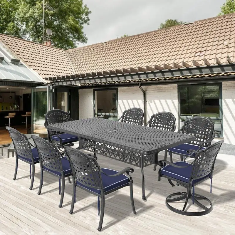 

9-Piece Cast Aluminum Outdoor Dining Set, Includes 2 Swivel Chairs, 6 Dining Chairs, and Rectangular Table with Black Frame