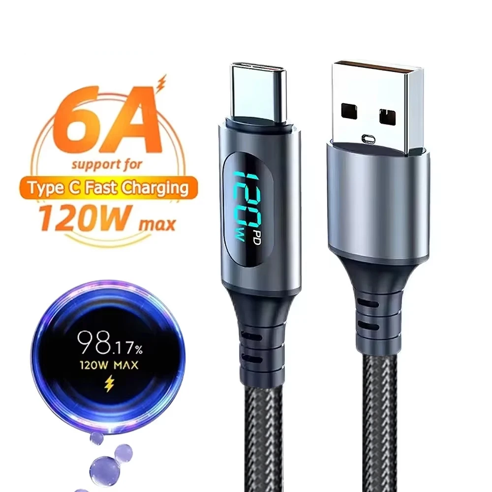 

120W Led Digital Display Cable Super Fast Type C Cable Charging For Phone Quick PD Charge For iPhone 15 16 High Speed Data Cord