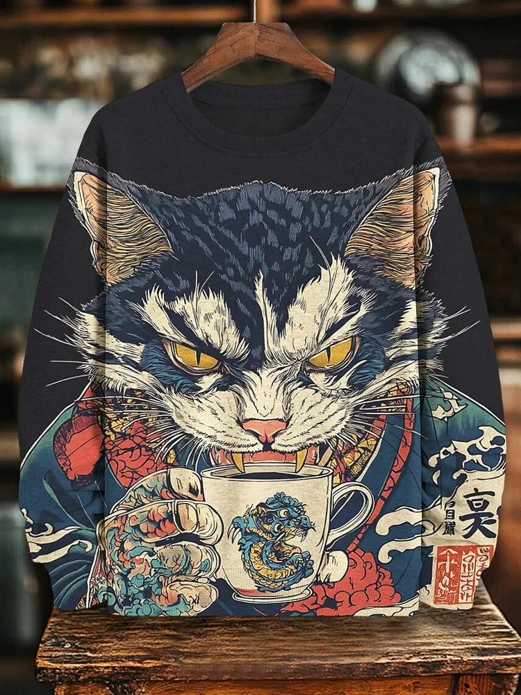 Autumn New Arrival Japanese Art Hoodies Vintage Cat 3D Printed Pullovers Men Women Casual Oversized Crew Neck Y2k Sweatshirts