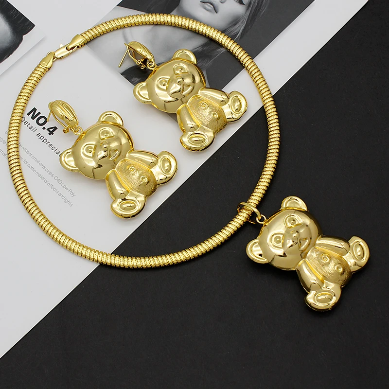 Necklace Teddy Bear Drop Earrings XL Size Pendant Women Gold Plated Bridal Wedding Jewelry Set Wholesale Copper Bijoux Gifts