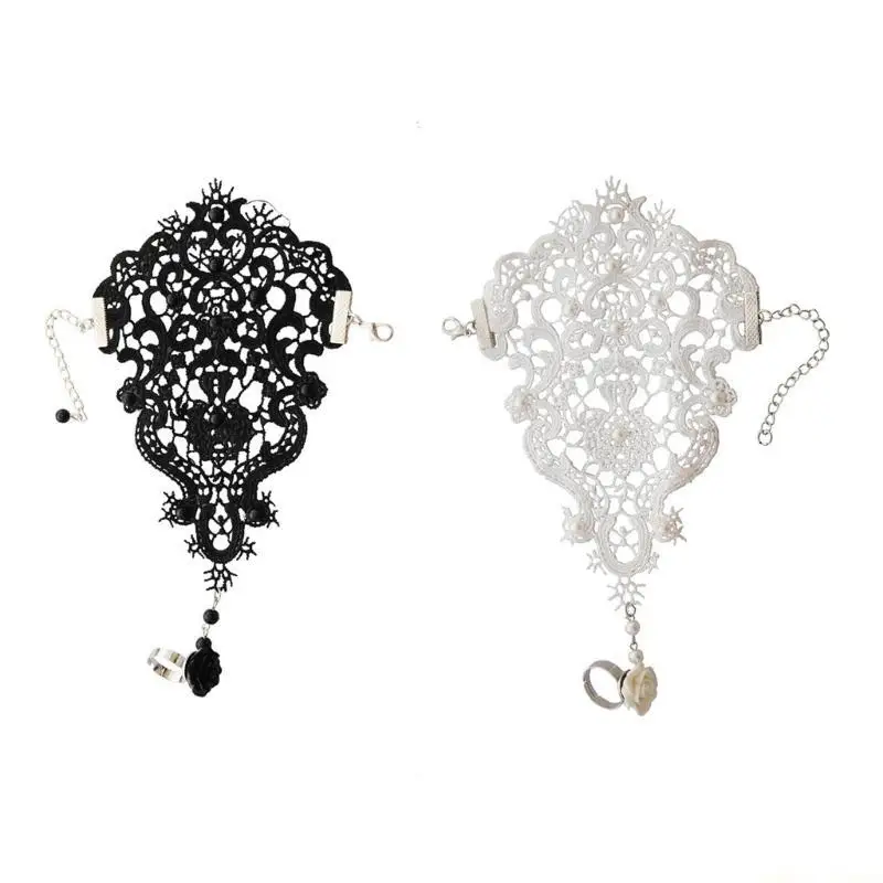 31BF 2colors Women Rose Beads Flower Lace Gloves Goth Adjustable with Ring