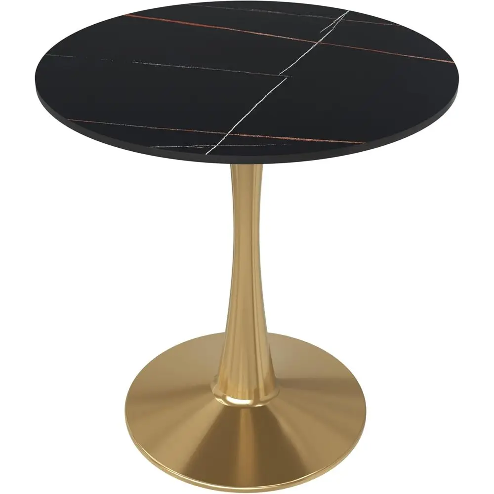 

24 Round Dining Table with Sintered Stone Top and Gold Pedestal Base, Elegant Black Kitchen Dining Furniture