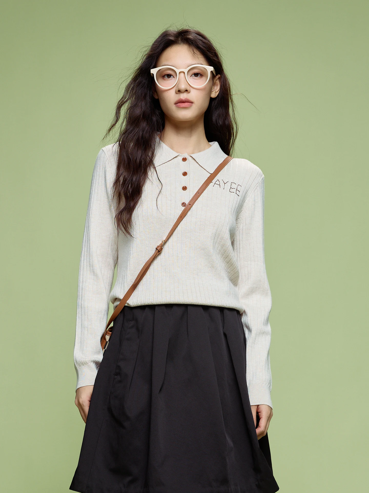 

Модный женский трикотажный топ с вышивкой, в полоску, с классическим воротником, приталенный, с длинным рукавом, весна 2026 Fay-Fayee