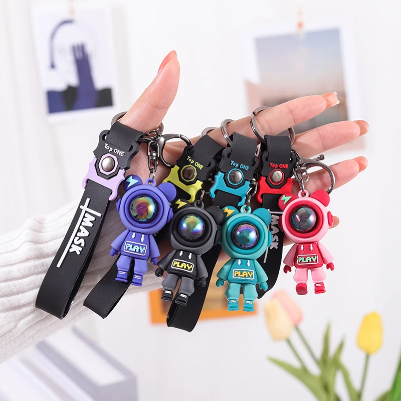 PVC Astronaut Bears Key Chains Fashion Cute Animal Keyring Holder for Daily Car Jewelry Laser Accessories Gift