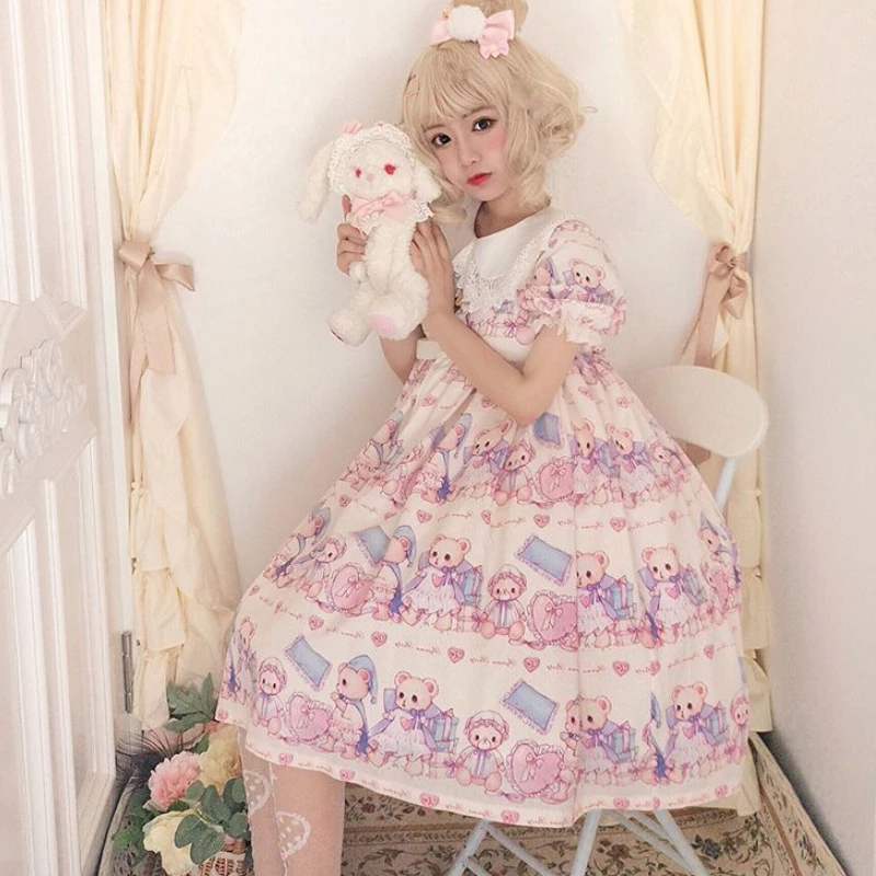 Lolita falda de manga corta, pijama de oso OP Charlotte, Vestido de manga corta, vestido Lolita, falda pequeña estampada