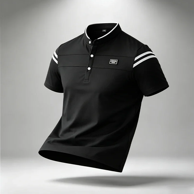 Men Stand Collar Short Sleeve Polo Shirt Button Placket Sleeve Stripes For Urban Daily Commute Street Casual Summer Outfits