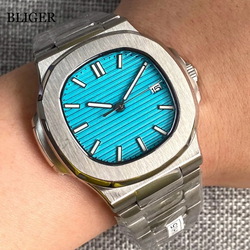 

BLIGER NH35A PT5000 Dress Square Blue Automatic Men Watch MIYOTA 8215 Turquoise Green Dial Sapphire Luminous index Glass Back