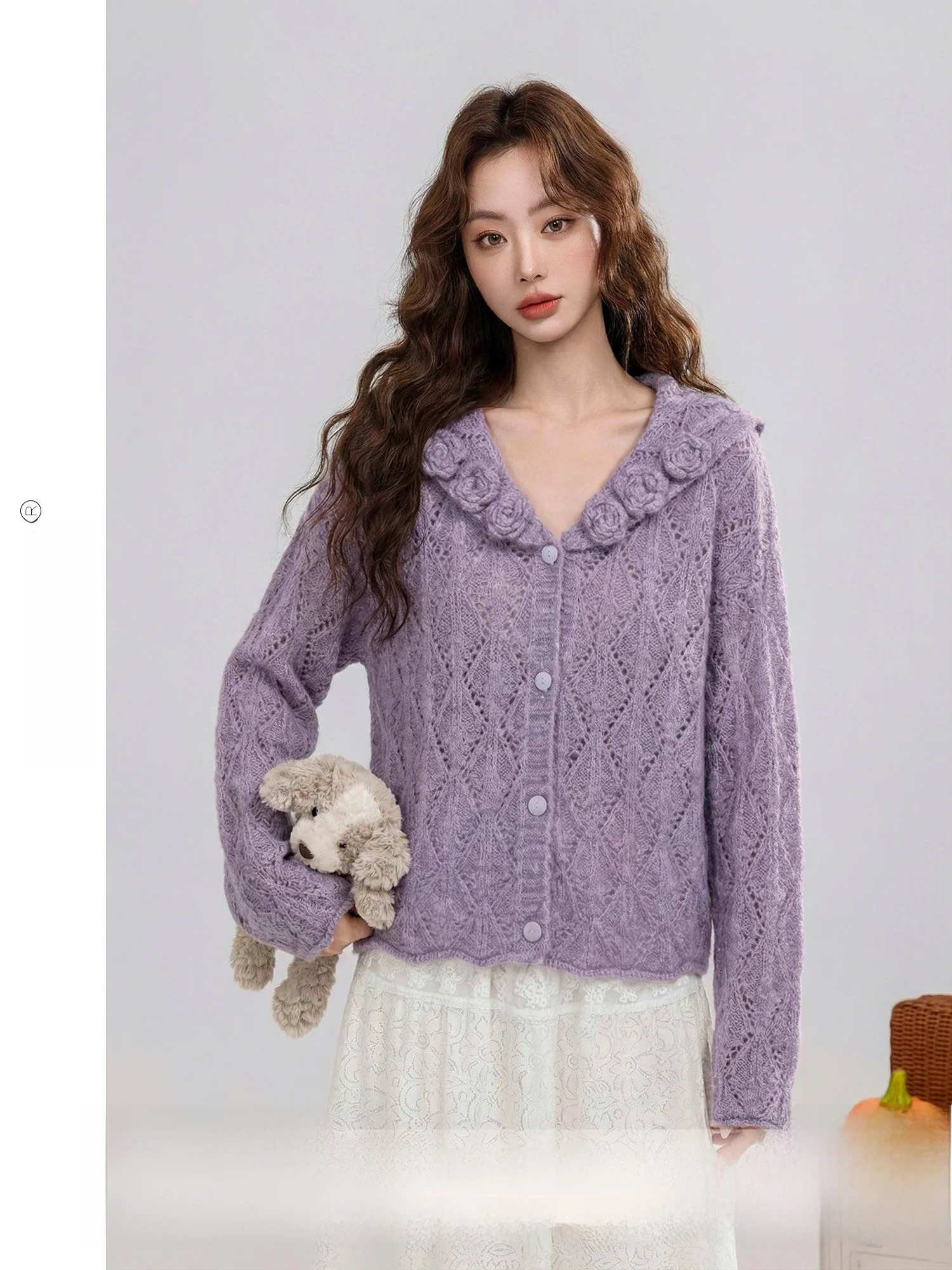 

Retro Sle Purple 3D Hollow out Knitted Sweater Soft Polyester Fiber Winter Design Sensation Vintage Flavored Long Sve Ca...