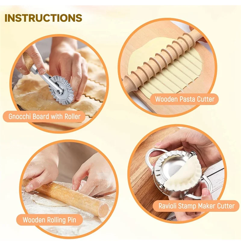 

ABLL-9Pcs Pasta Making Tools Set, Wooden Rolling Pin, Gnocchi Board, Ravioli Stamp Maker Cutter, Pastry Cutter Wheel