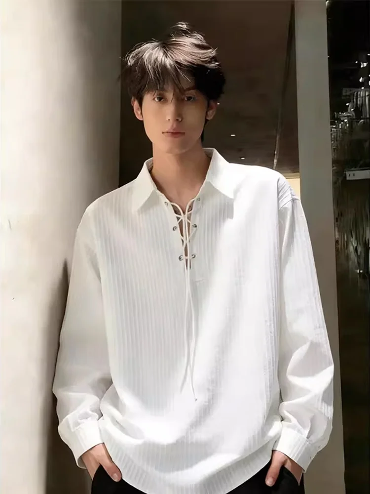 

Men's Long Sve irt Dstring Design Wrinkle Resistant Spring Cold Tone High End Feeling Boyfriend Sle Coat