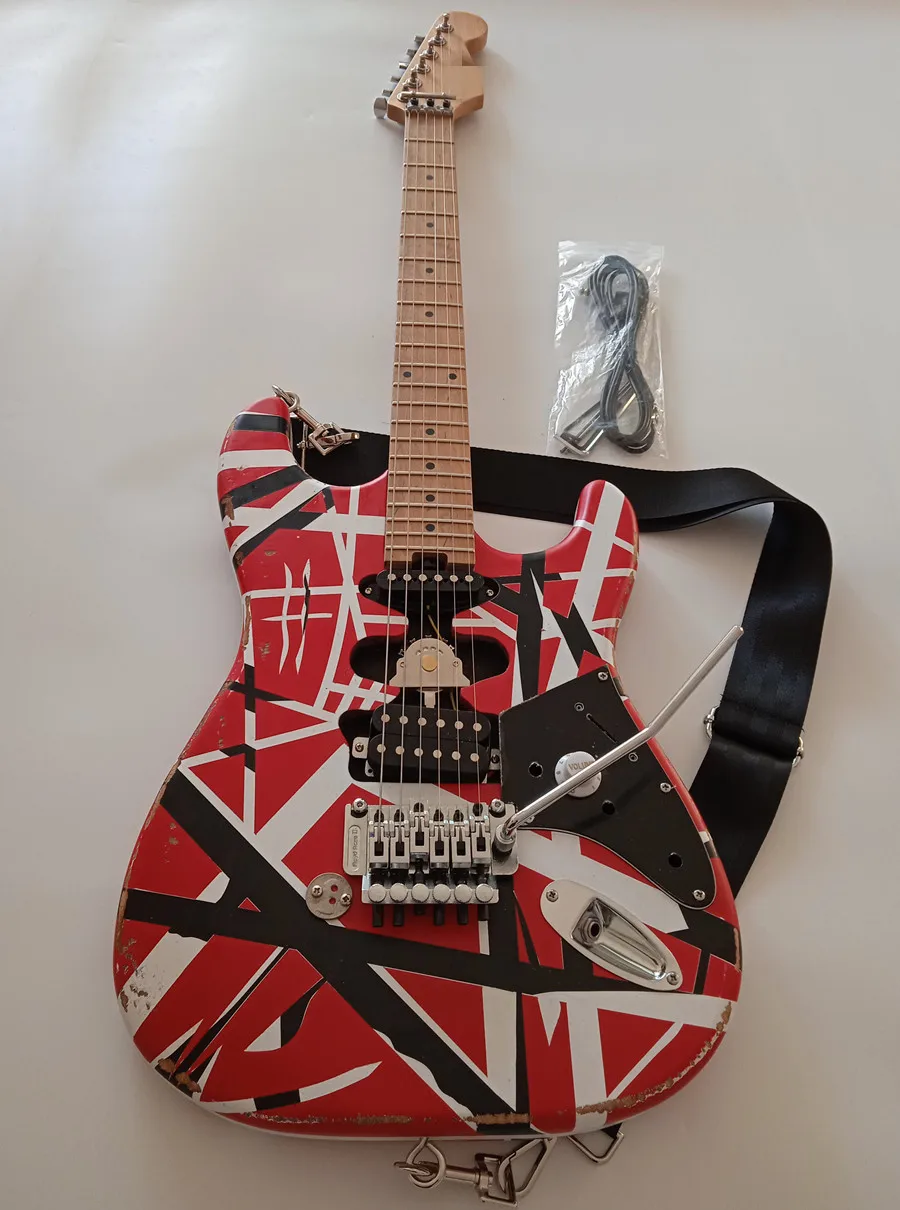 Roasted maple  Heavy Relic Electric Guitar/Red Body/Decorated With Black And White Stripes/Free Shipping