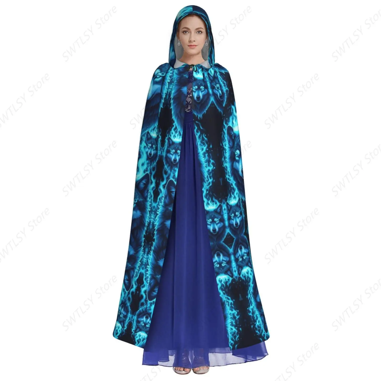 Halloween Cosplay Costume Uniform Cloak - Silver Blue Fire Flame Wolf Black Hooded Cloaks Robe Full Length Goth Vampire Cloak