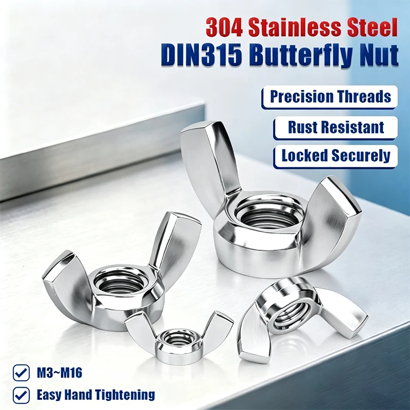 DIN315 304 Stainless Steel Butterfly Nuts Wing Nuts Hand Tighten No Tools Needed M3 M4 M5 M6 M8 M10 M12 M14 M16