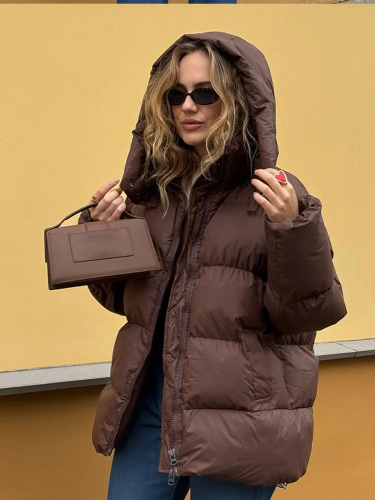 Fashion Solid Color Warm Long Sleeve Quilted Coat Elegant Zipper Hooded Cotton Jacket 2024 New Winter Woman Commuter Down Coats