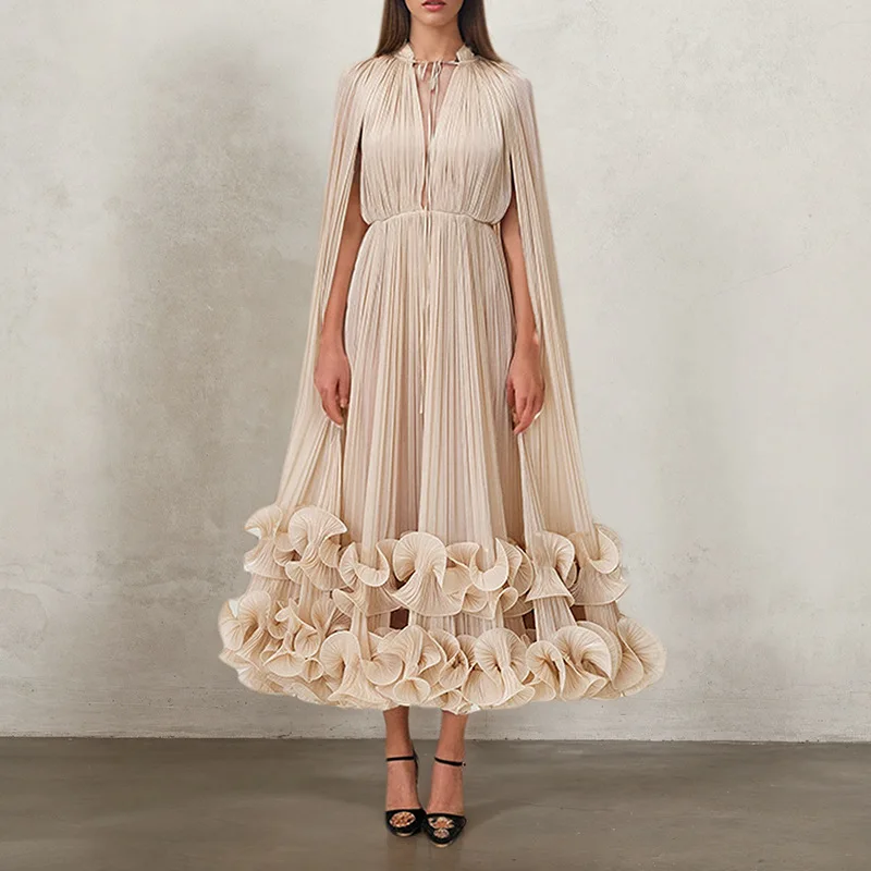 

New Solid Elegant Spliced Ruffles Dresses For Women Lapel Long Sleeve High Waist Patchwork Lace Up A Line Dress Female