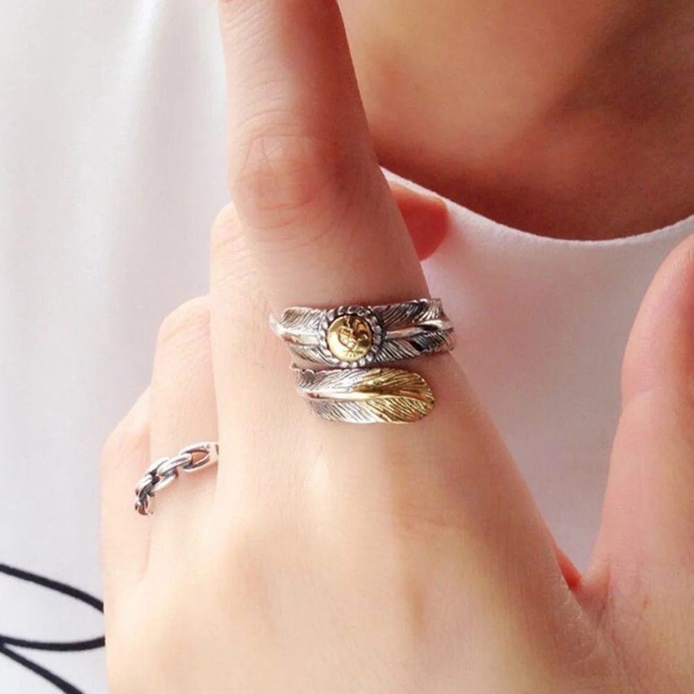 Anillo Abierto de Plata 925 con Pluma Navajo, Joyería India Antigua para Parejas, Regalo para Él y Ella
