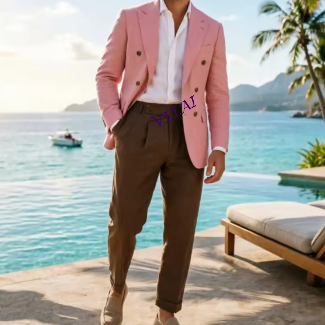 Traje de lino beige de dos piezas personalizado para hombre, elegante atuendo de novio de color sólido para eventos formales, fiestas, vacaciones y viajes.