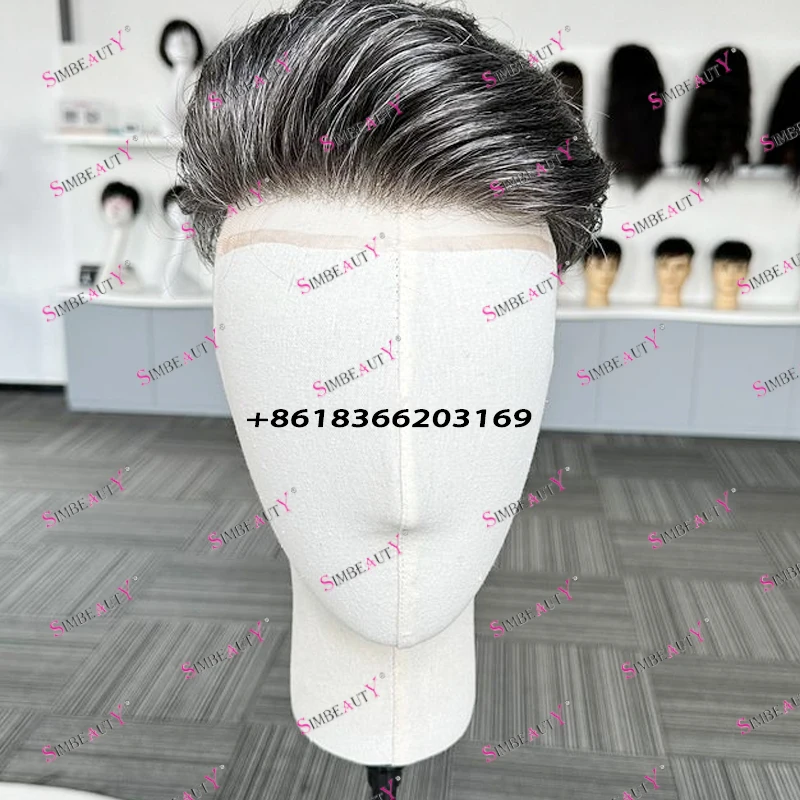 Durable Old Men Human Hair Toupee Q6 Swiss Lace&PU Lace Front Male Wigs Replacement Easy Wear 1B80 1B65 Grey Man Hairpieces Unit