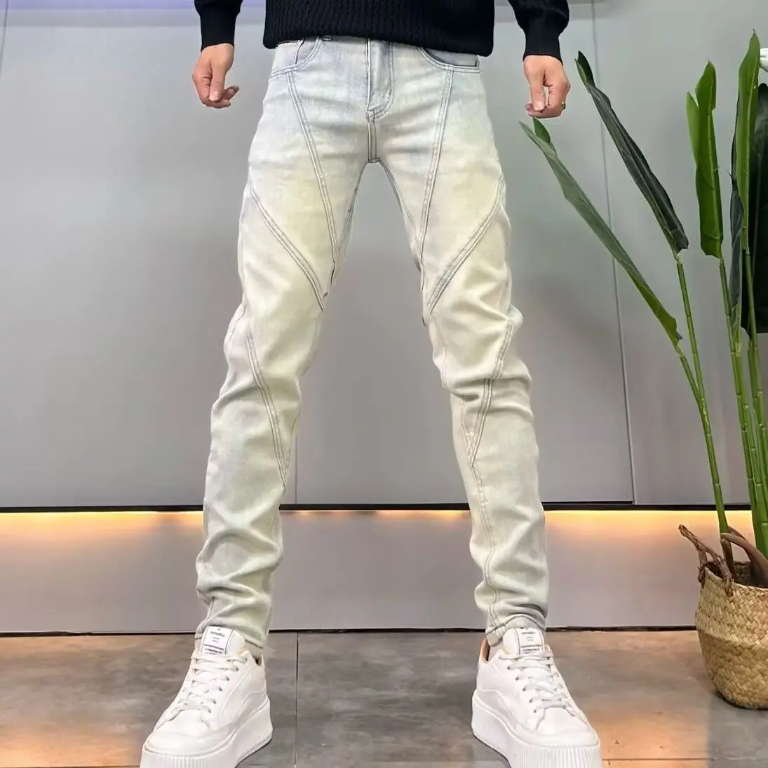 Mud Yellow Splicing Jeans Men's Slim-fitting Small Straight 2025 Spring Autumn New Korean Luxury Designer Casual Long Pants