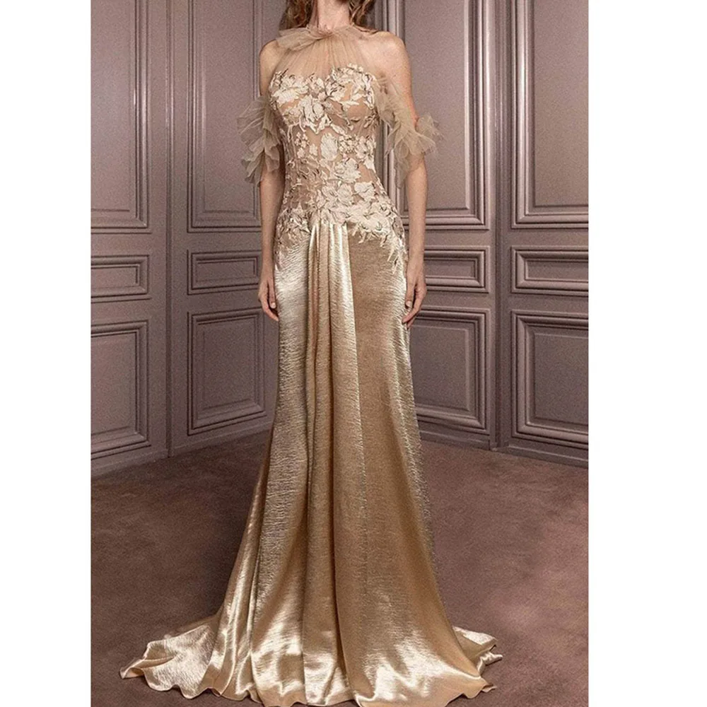 Fashion Women Prom Dresses Floor Length High Collar A-line Appliques Short Sleeves Illusion Smart Evening Party Banquet Gowns