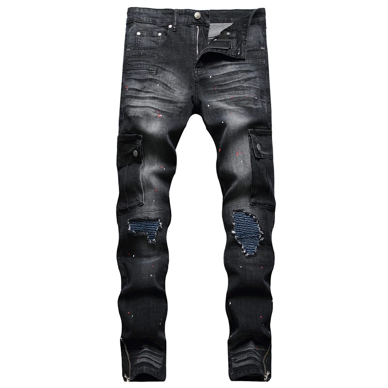 Europe United States Male Beggars Ripped Pleated Cloth Black Jeans High Street Trend Pocket Slim Motorcycle Hip Hop Clothing