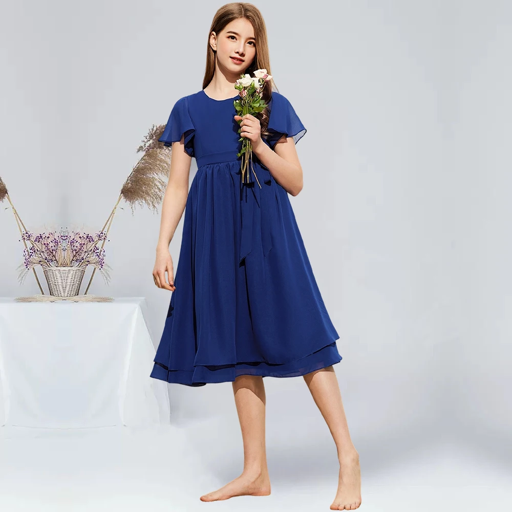 

A-line Scoop Knee-Length Chiffon Junior Bridesmaid Dress With Bow Summer Blue Flower Girl Dress Graduation Party Dress for Guest