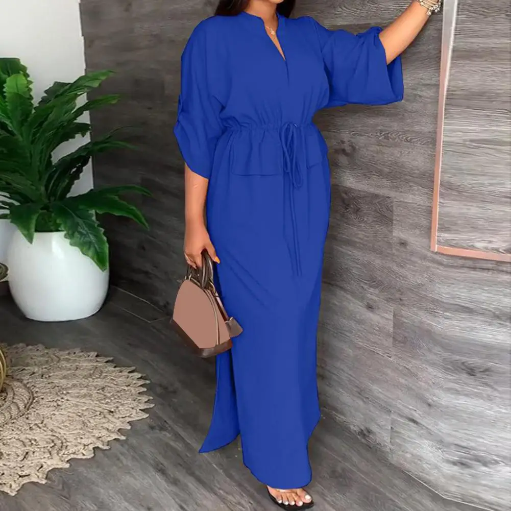 

Summer Dress Stand-up Collar Casual Dress Solid Color Dolman Sleeve Lace-up Waist Women Dress