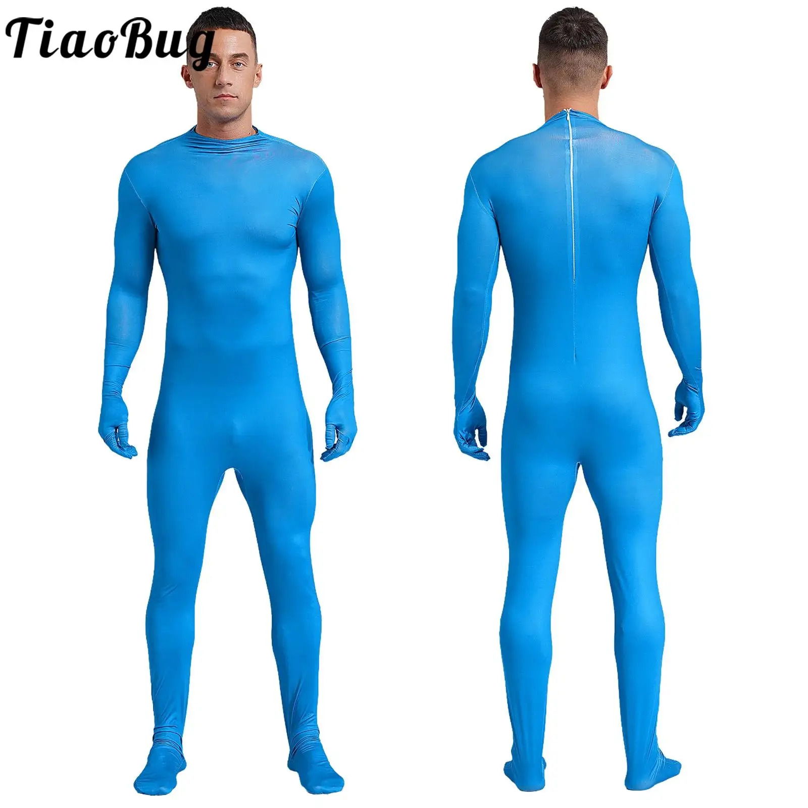 Mens Bodystockings Long Sleeve Gloved Jumpsuit One-piece Spandex Nylon Stretchy Bodysuit for Gymnastics Ballet Fitness