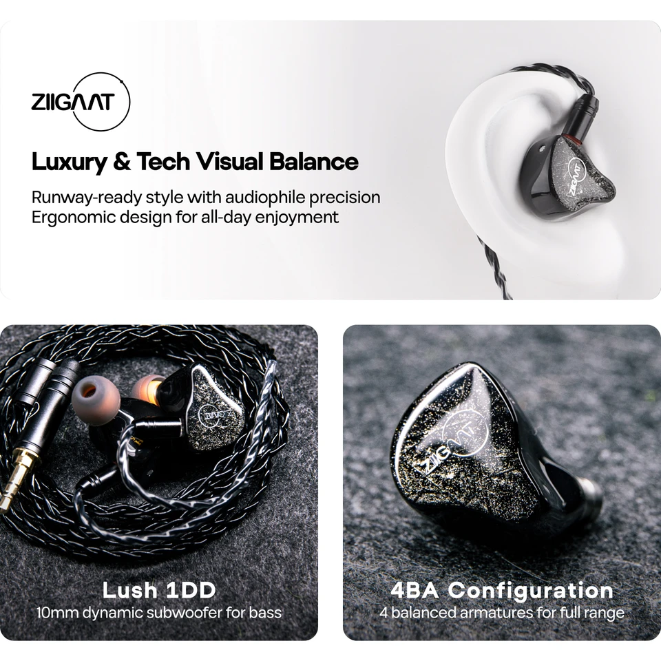 ZIIGAAT LUSH 1DD+4BA ハイブリッドイヤホン 本体 ZiiGaat Lush Studio 1DD+4BA Hybrid IEM Earphones 17 Ohm