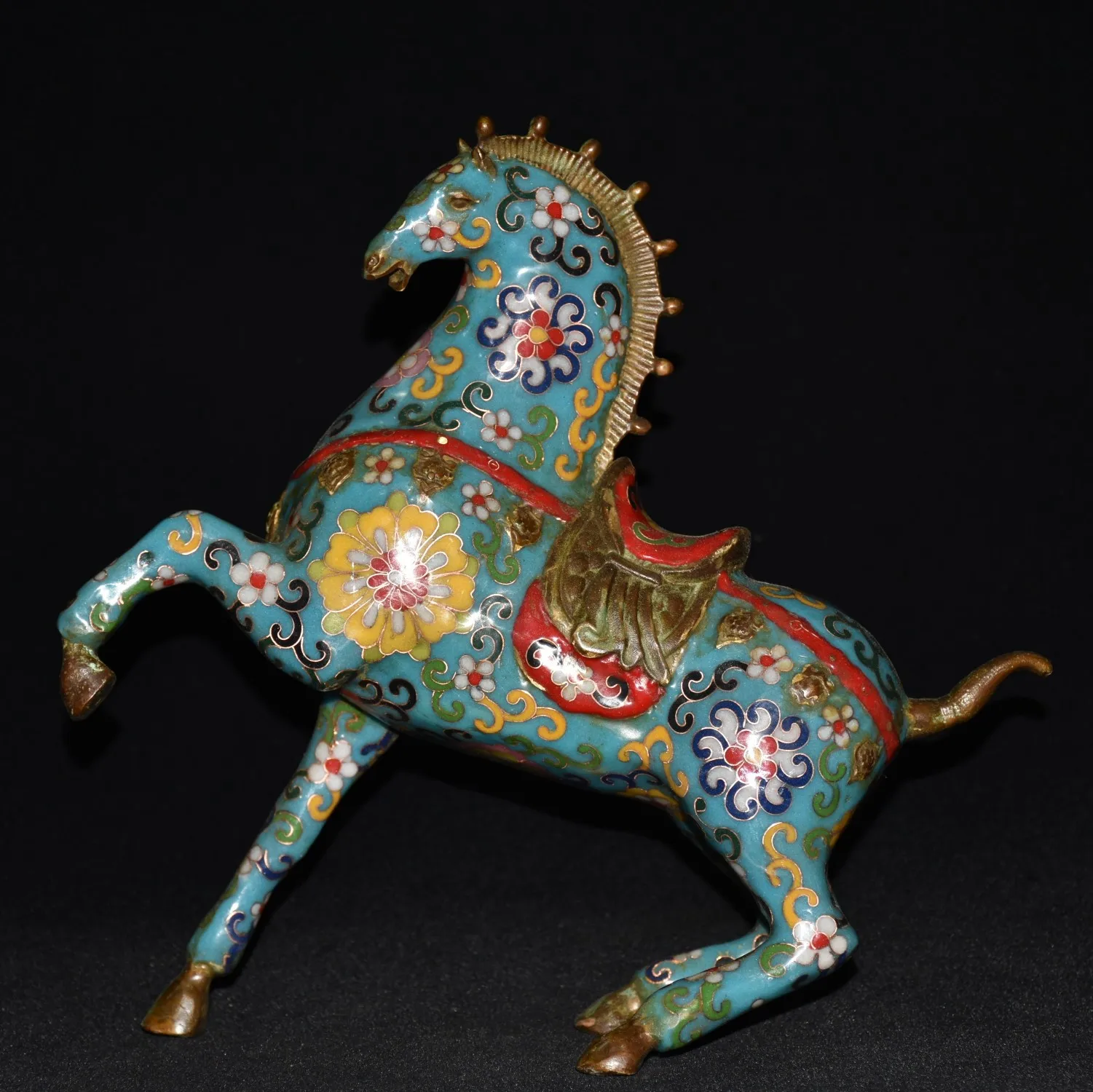 

10"Tibetan Temple Collection Old Bronze Cloisonne Enamel Crane Pattern run horse Lucky Horse Gather fortune Ornament Town House