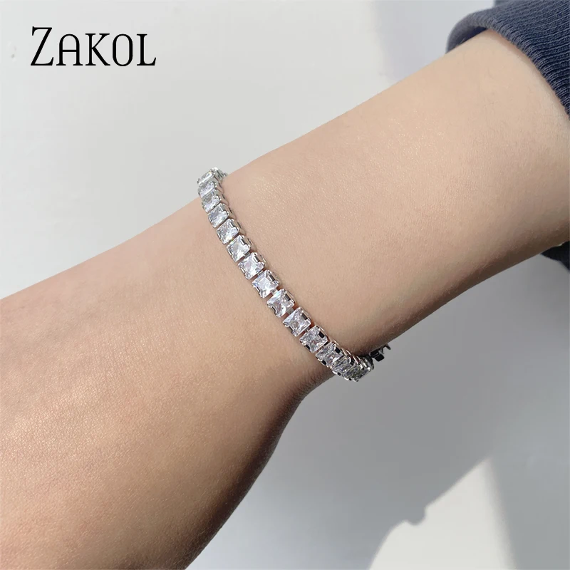 ZAKOL Shinny Square Cubic Zirconia Charm Bracelets for Women Fashion Korea Sliver Color Bracelet Wedding Party Jewelry BP2211