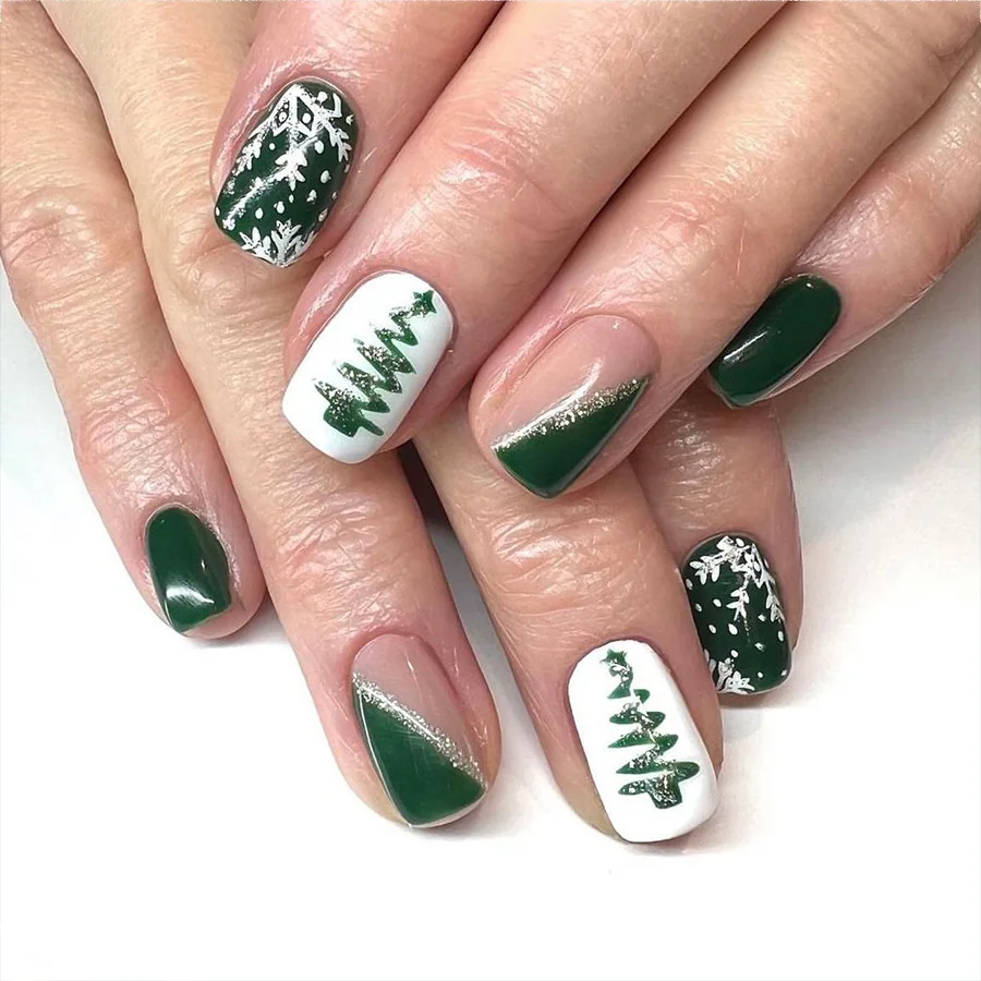 

24Pcs Short Press on Nail Christmas Tree Snowflake French Glitter Fake Nails Dark Green Wearable Nail for Women&Girl Nail Art