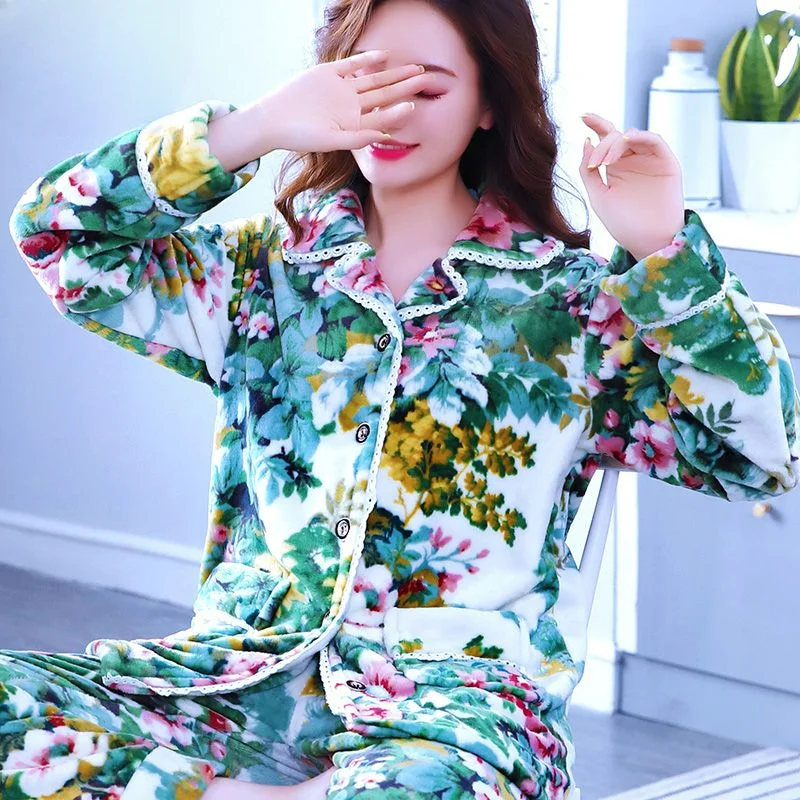 Clearance Pajamas Ladies Padded Set Coral Velvet Autumn Winter Long Sleeve Mom Lapel Middle-aged Women Printed Loungewear Simple