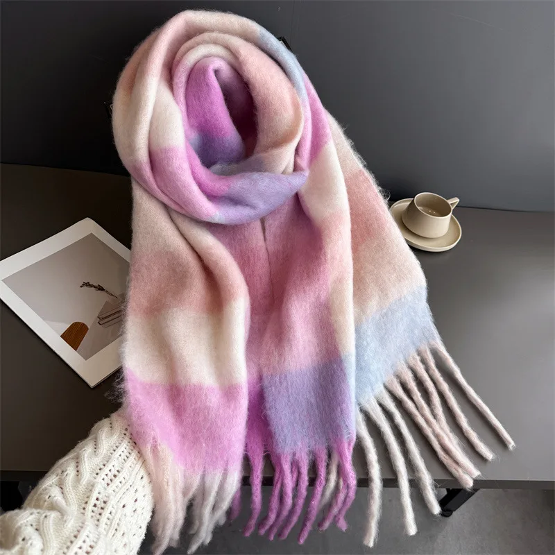 Warmer Dicker Winterschal für Damen, Mohair, Kariert, Weicher Quastenschal, Pashmina, Großer Halsdecken-Schal – Detail 33