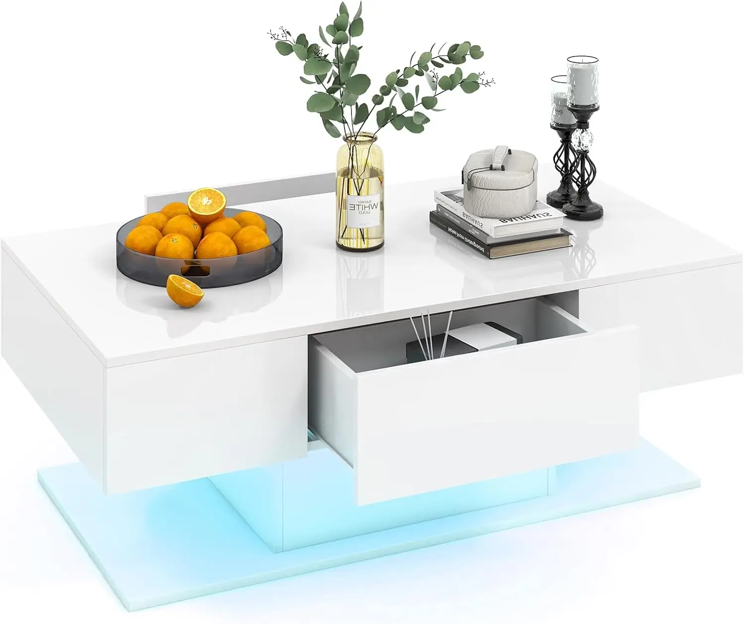 طاولة قهوة LED مع درجين، طاولة مركزية حديثة لامعة للغاية، مصابيح LED قابلة للتعتيم بـ 20 لونًا وجهاز تحكم عن بعد