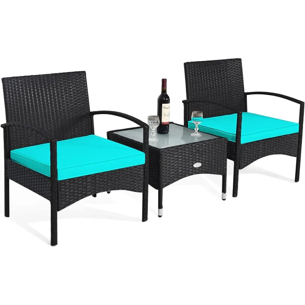 3 PCS Patio Wicker Conversation Set,PE Rattan Sofa with Tempered Glass Coffee Table, 2 Chairs,2 Cushions,Outdoor Patio Furniture