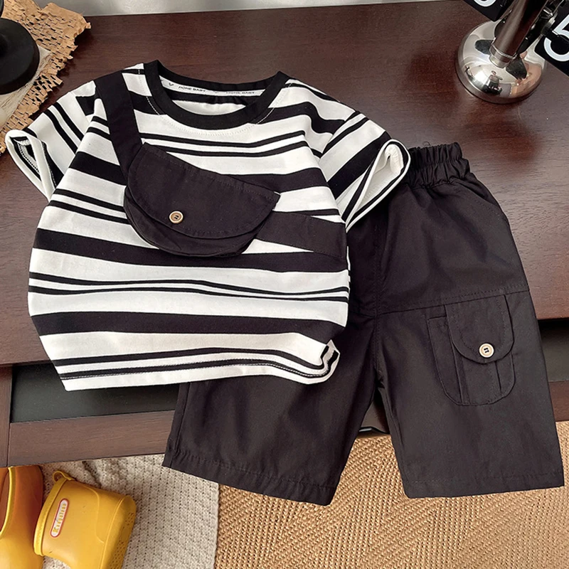 

2025 Summer Toddler Boy Clothing Fashion Stripe Short Sleeve Cotton Tops+White Shorts Korean Kids Clothes Children's Sets BC109