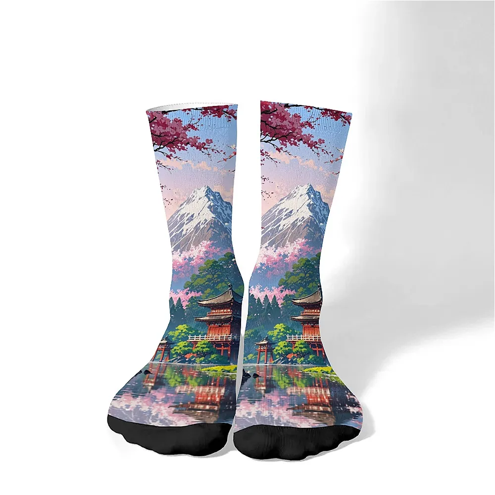 Mount Fuji Art men's fashion socks, new interesting crew socks, comfortable and breathable, retro art style, outdoor leisure