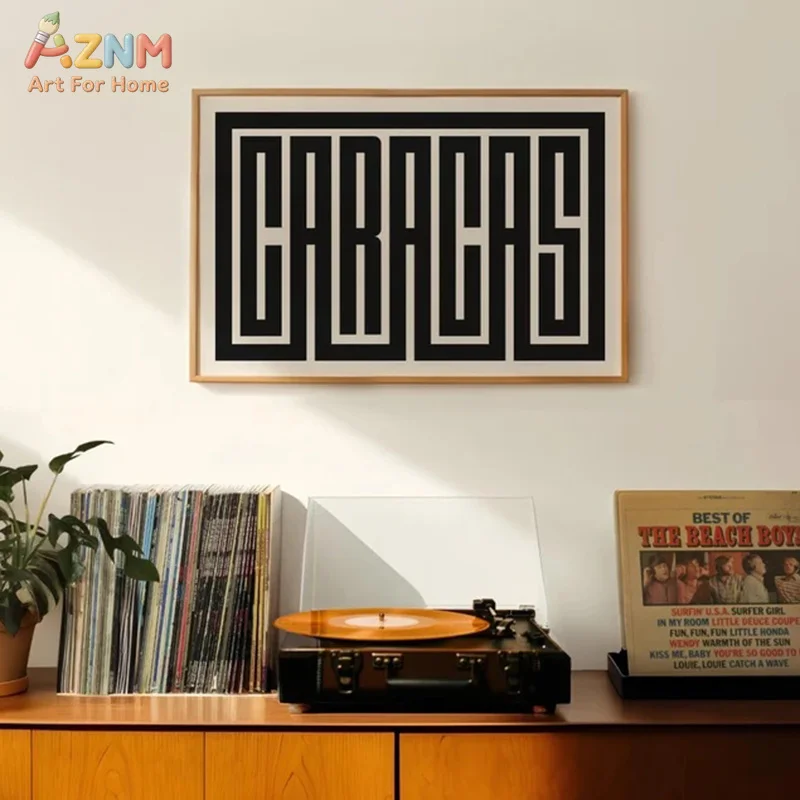 AZNM Caracas Geometric Typography Canvas Wall Art Black White Retro Letter Print Unframed Canvas Minimalist Music Room Decor Pos