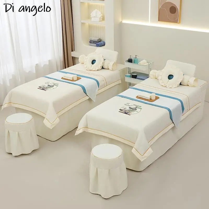 

Custom Size LOGO 4-9pcs Cotton Linen Bedding Set Beauty Salon Tuina Massage Spa Bed Sheet Bed Cover Candy Pillow Duvet Cover #S