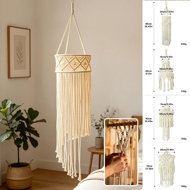 Bohemian Macrame Lampshade, Handmade Cotton Tassel Hanging Light Cover for Dining Room Bar Living Room Decor