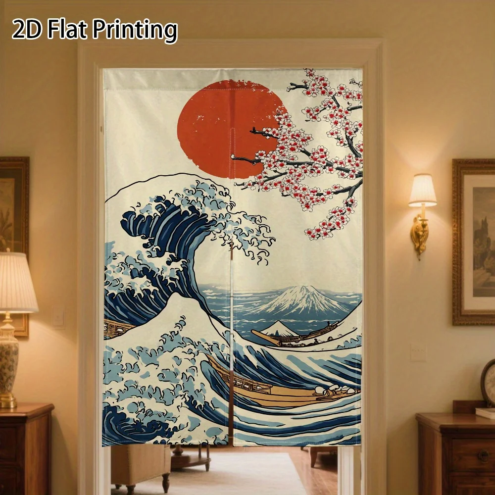 Japanese Noren Curtain Great Wave Red Sun Cherry Blossom Mount Fuji 2D Flat Printing Door Decor