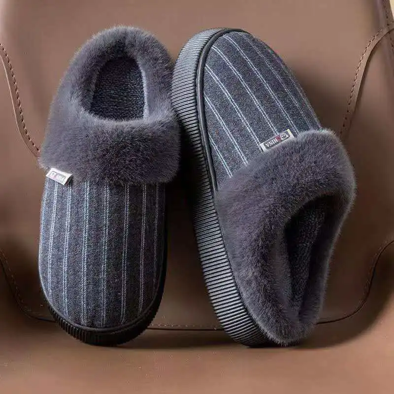 2026 شباشب قطنية رجالية للشتاء والخريف للاستخدام المنزلي الداخلي مضادة للانزلاق مخططة قطيفة دافئة وناعمة نعال قماش 40-47 #4