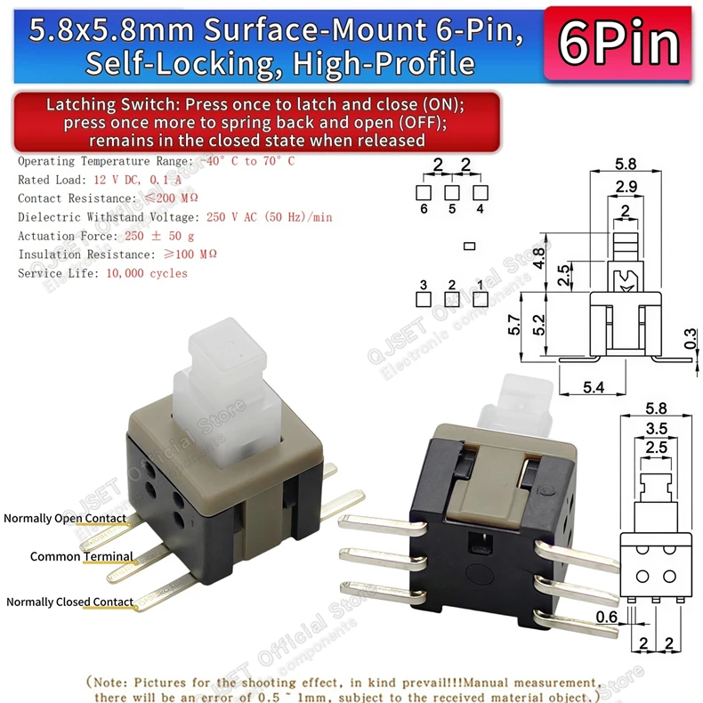 10 Stück 5,8x5,8 7x7 8x8 8,5x8,5mm Selbstverriegelnde/Nicht-verriegelnde Reset-/Multimeter-Taster, Taktiler Mikroschalter, 3/6-Pin Drucktastenschalter – Detail 35