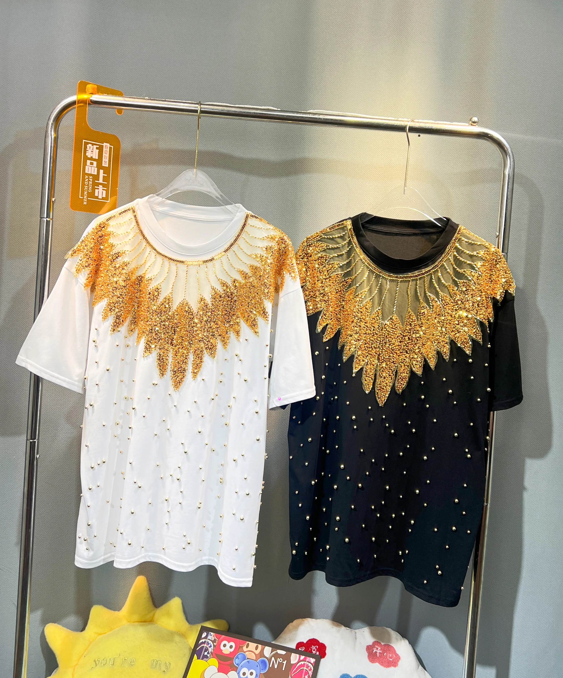 Fashion Brand 2024 Summer New Heavy Beaded Light Luxury Short-Sleeved T-shirt Women's Loose Mid-Length Streetwear Tees Top