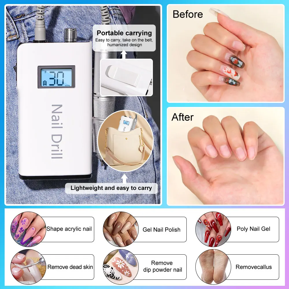 30000RPM Electric Nail Drill Rig levigatrice ricaricabile LCD HD Display Gel lucidatrice per unghie per salone di bellezza domestico