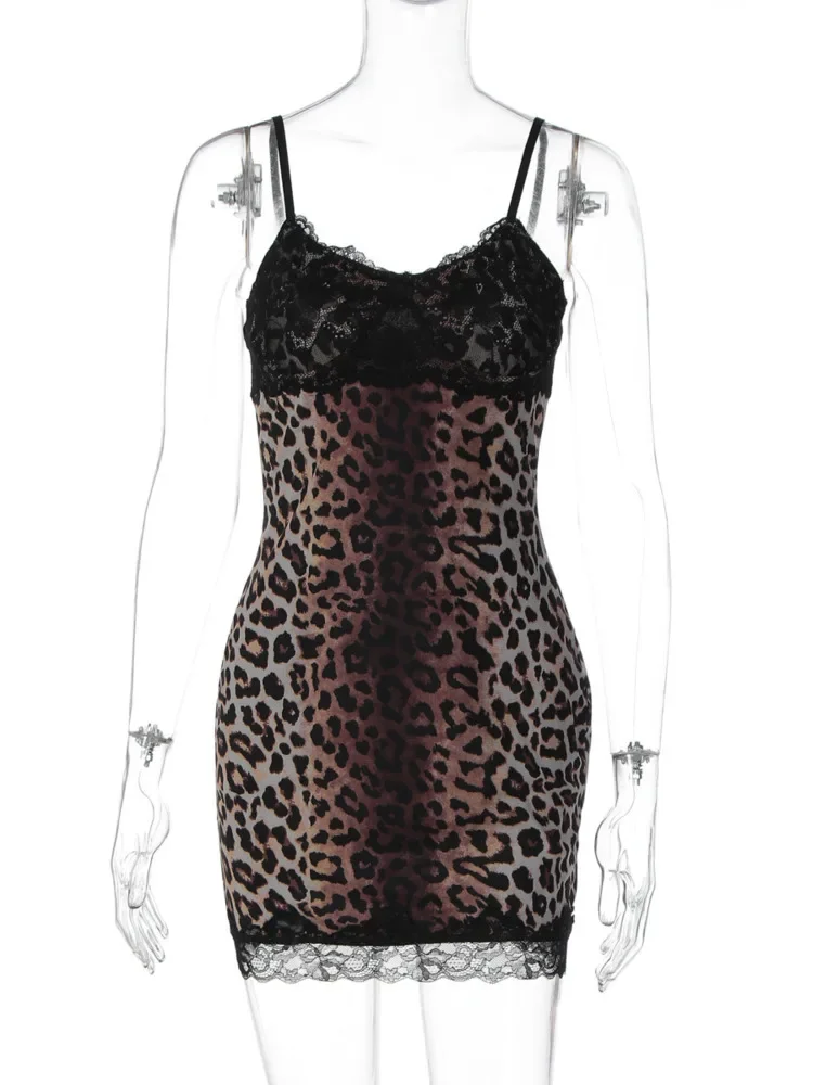 Chaxiaoa renda leopardo impressão sexy mini vestido feminino elegante cinta de espaguete sem alças sem mangas sem costas bodycon clube vestido