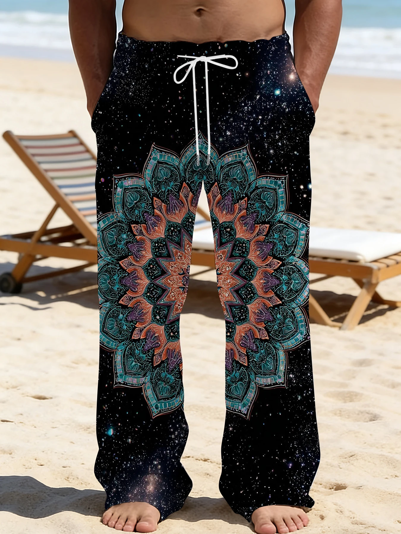 

2026 Men's Printed Straight Leg Pants Vibrant Abstract Pattern Drawstring Waist Loose Fit Summer Beach Casual Swim Shorts