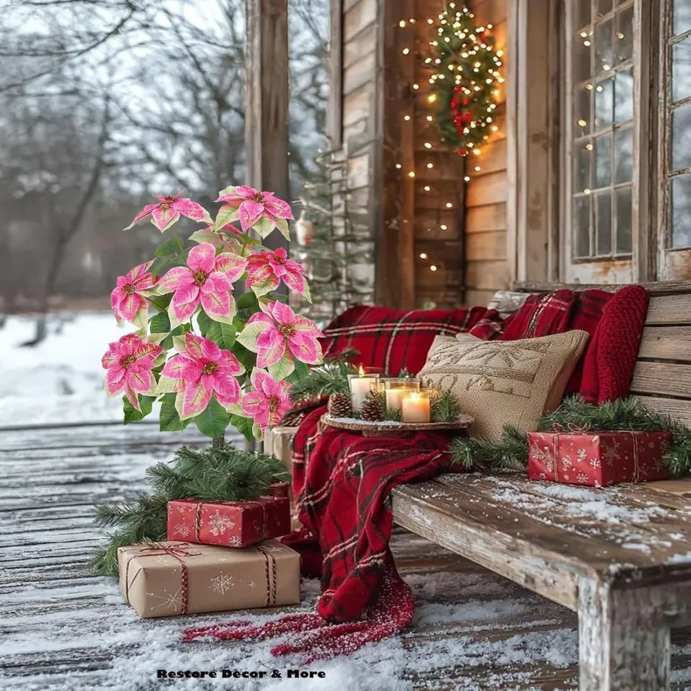 FT / 90 سنتيمتر شجرة البونسيتة الاصطناعية الوردي طويل القامة بوعاء زهور البونسيتة وهمية نابض بالحياة فو النباتات مع جذع الخشب الوردي #6