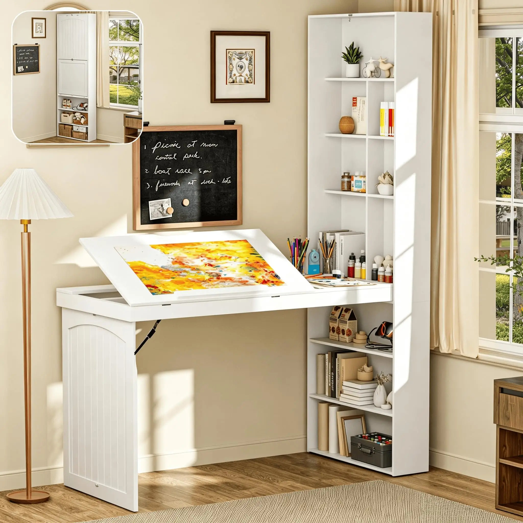 Foldable Drafting Table Desk, Space-Saving Folding Craft Table with Storage
